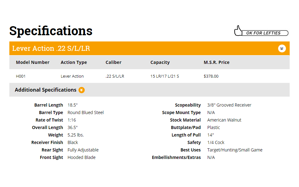 Henry 22 Classic Lever Action Specs Model H001